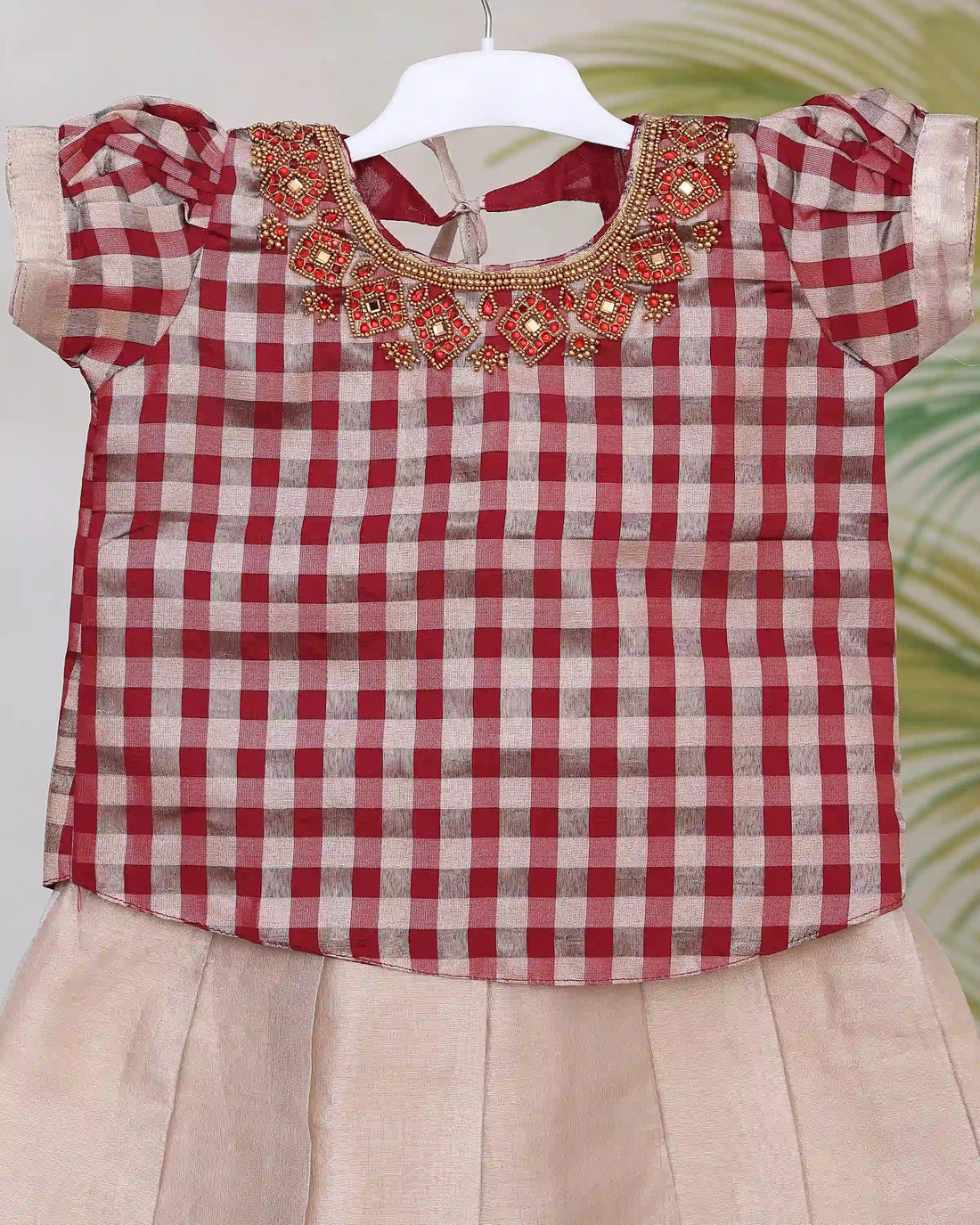 Girls Readymade Pattu Pavadai with Embellished Checked Blouse Pleated Traditional Skirt and Zari Border Work - Multi