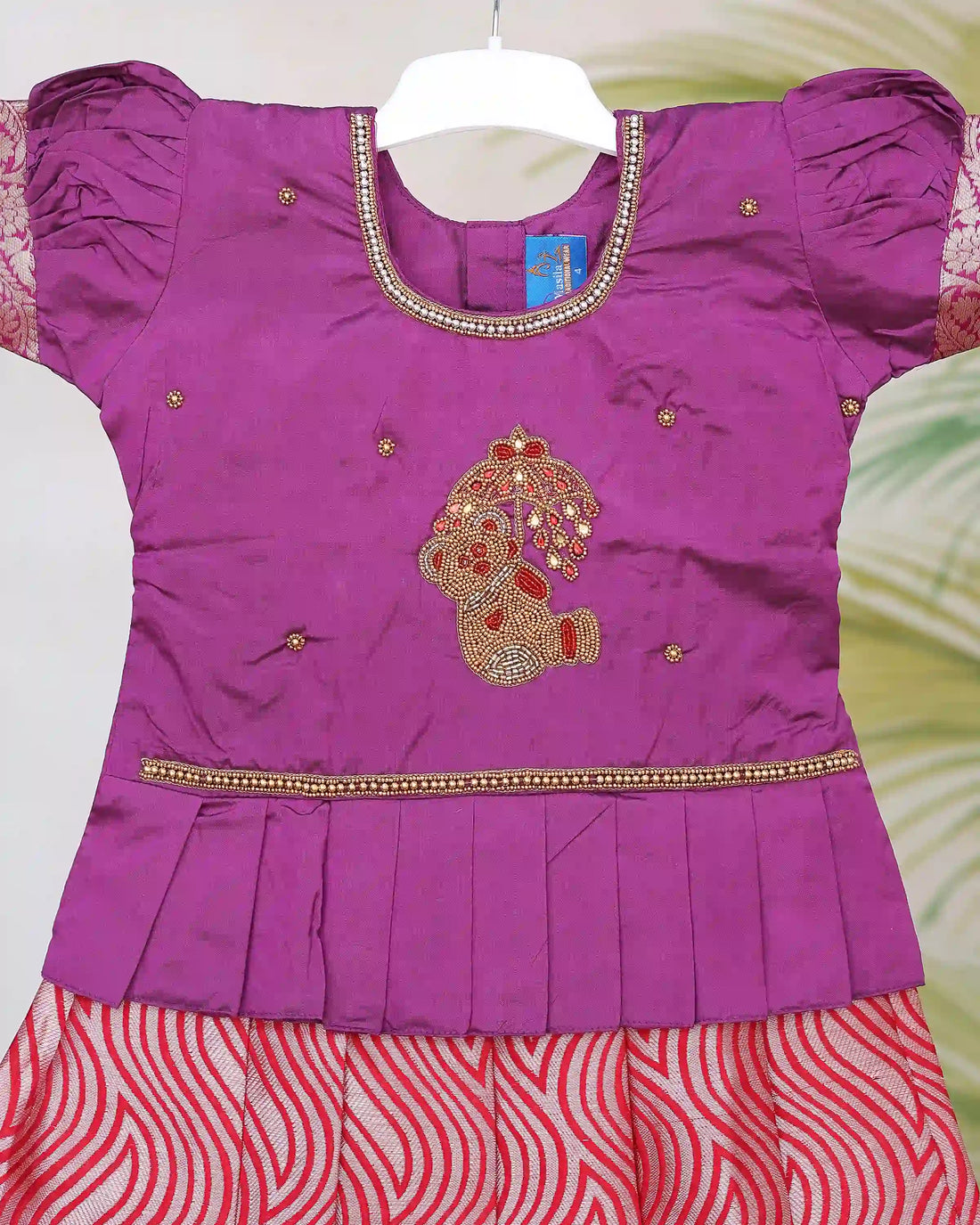Girls Readymade Pattu Pavadai with Embroidered Short Sleeve Blouse Round Neck Design Pleated Traditional Long Skirt and Zari Woven Border - Purple