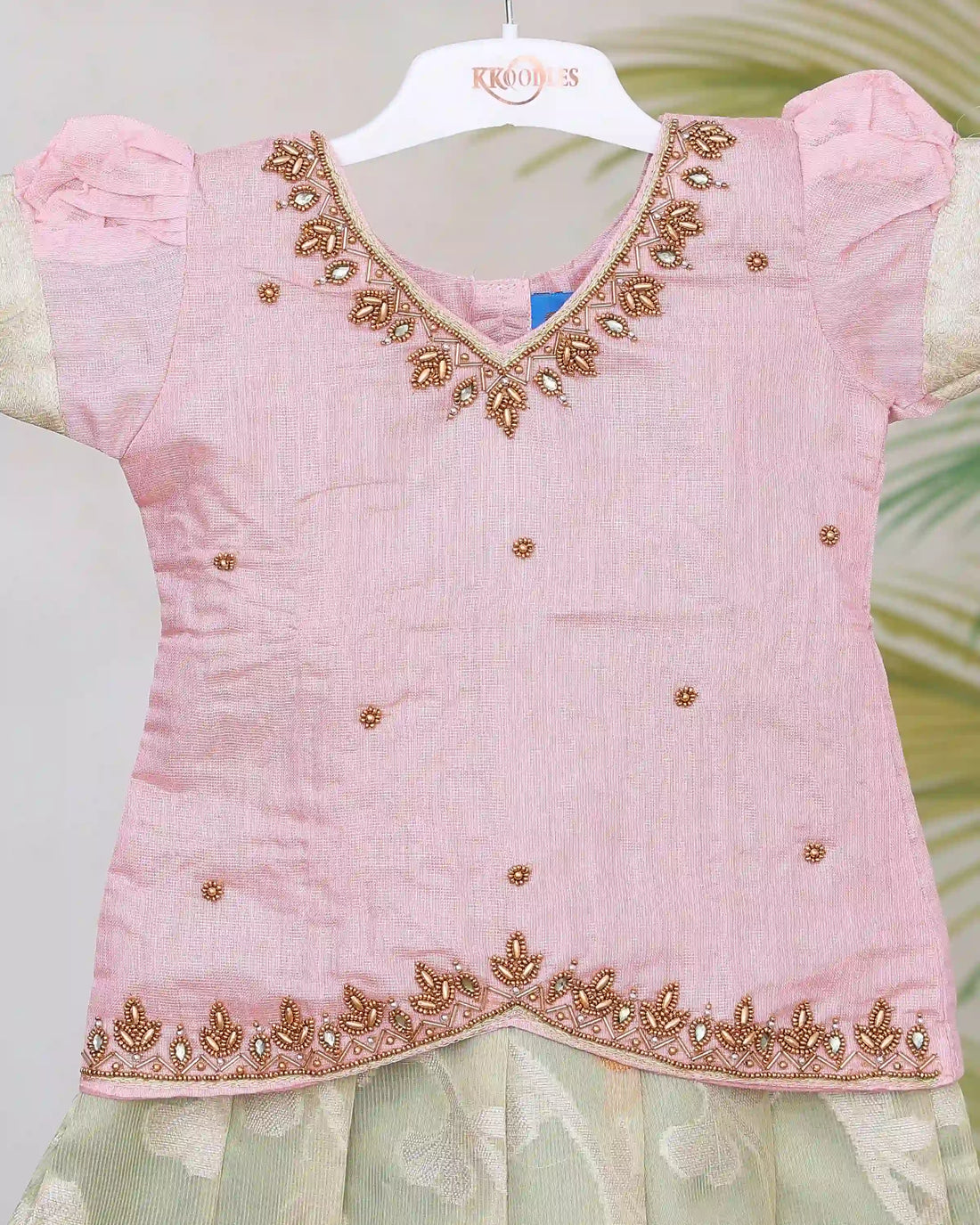 Girls Readymade Pattu Pavadai with Embellished V Neck Blouse Puff Sleeves Traditional Woven Skirt and Decorative Zari Border - Pink