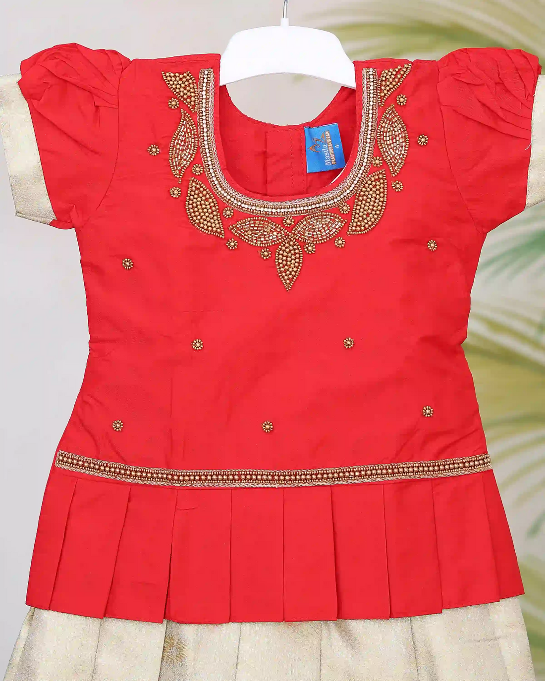 Girls Readymade Pattu Pavadai with Embellished Neckline Short Sleeve Blouse Pleated Skirt and Zari Woven Border -  Red