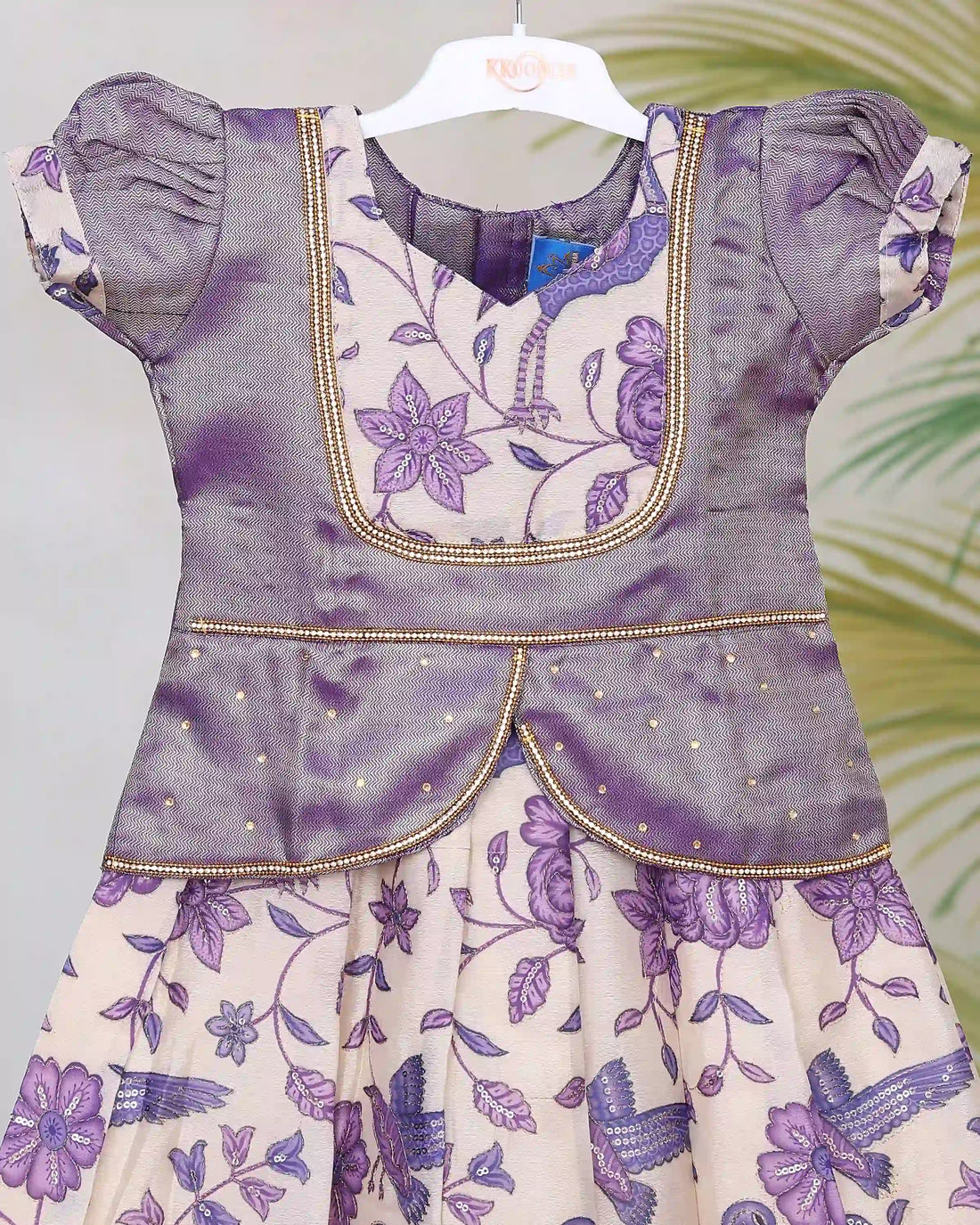 Girls Readymade Pattu Pavadai Set with Floral Printed Skirt Embellished Blouse Puff Sleeves and Traditional Peplum Waist Design - Purple