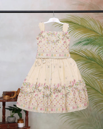 Girls Embroidered Pattu Pavadai Readymade Set with Floral Zari Work Pleated Traditional Silk Blend Skirt Designer Sleeveless Blouse and Decorative Border - Cream