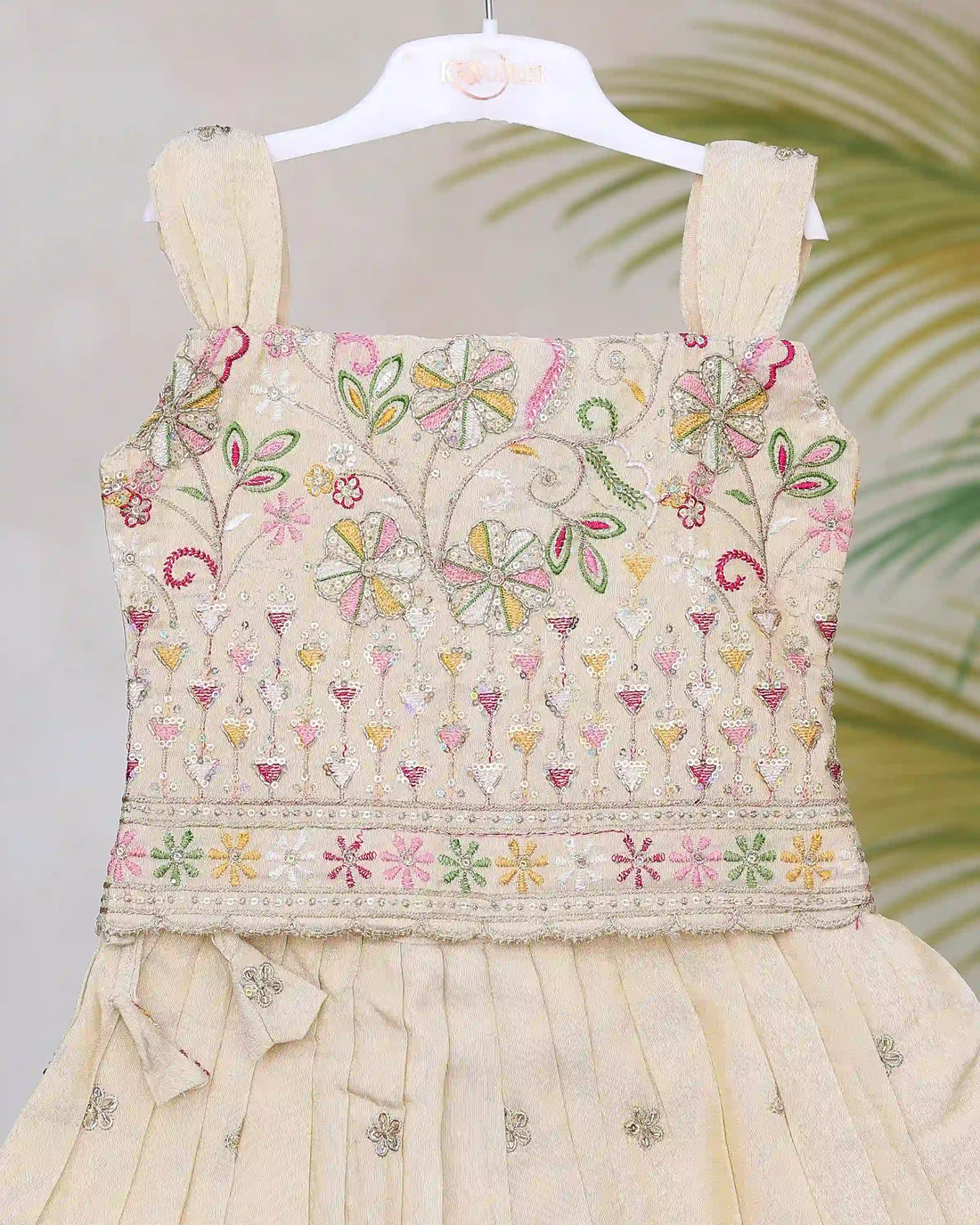 Girls Embroidered Pattu Pavadai Readymade Set with Floral Zari Work Pleated Traditional Silk Blend Skirt Designer Sleeveless Blouse and Decorative Border - Cream