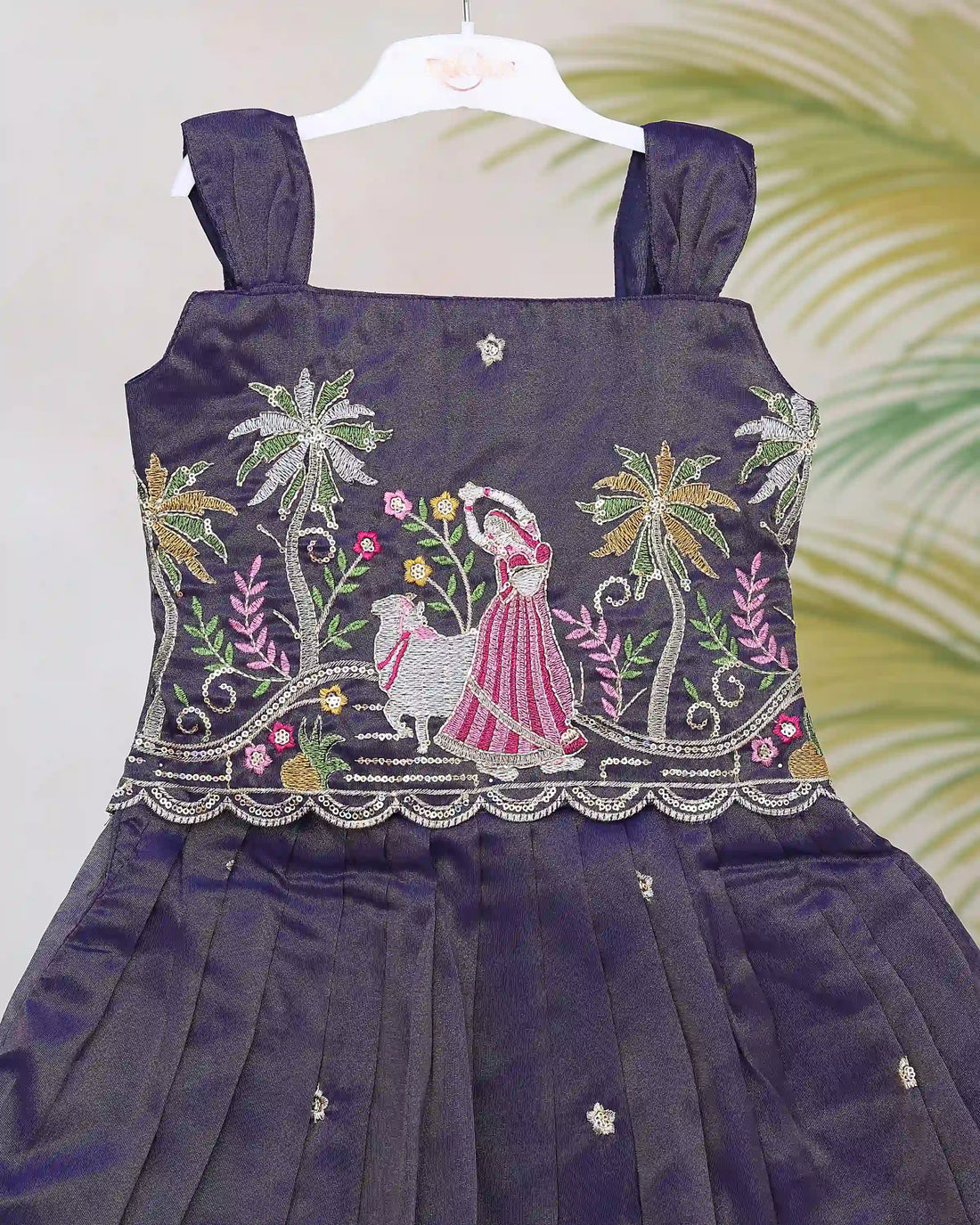 Girls Readymade Pattu Pavadai Set with Traditional Embroidered Princess Motif Pleated Flared Skirt Scalloped Border and Designer Strap Blouse Bodice - Dark Purple
