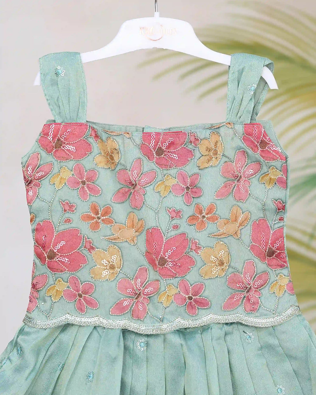 Girls Readymade Pattu Pavadai Set with Floral Embroidered Bodice Pleated Silk Skirt and Traditional Sleeveless Blouse Design - Mint Green