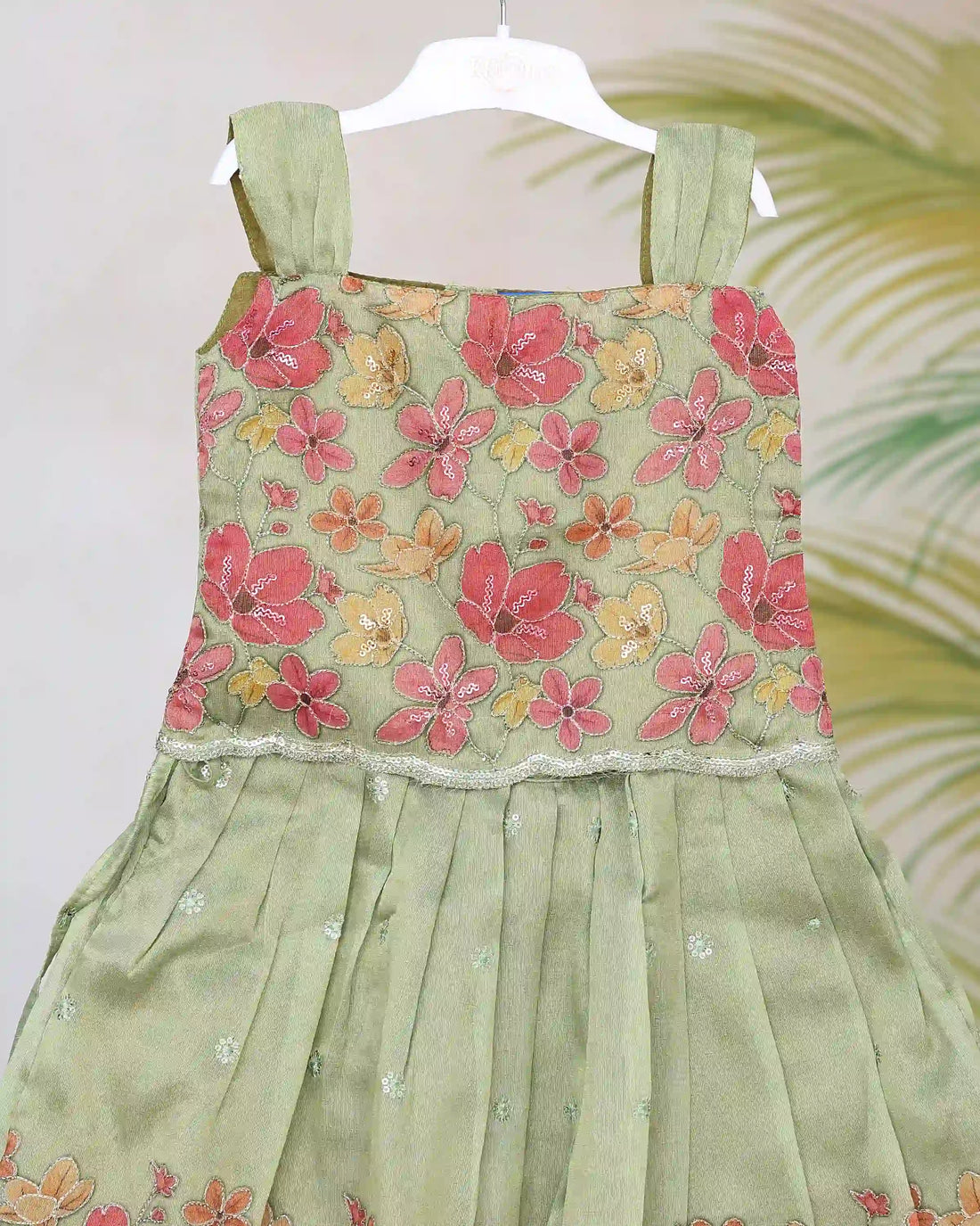 Girls Readymade Pattu Pavadai Set with Floral Embroidered Bodice Pleated Silk Skirt and Traditional Sleeveless Blouse Design - Green