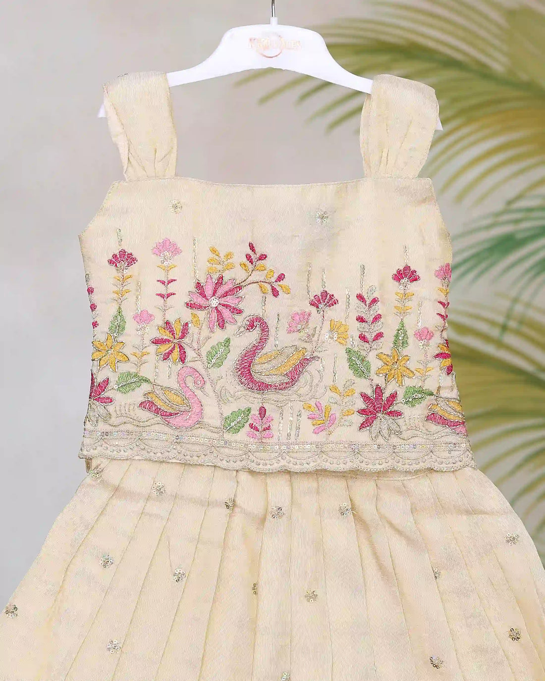 Girls Embroidered Pattu Pavadai Readymade Set with Floral and Peacock Motifs Pleated Skirt and Sleeveless Strap Blouse - Cream