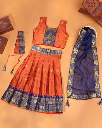 Girls' Rust Orange and Royal Blue Art Silk Pavadai Dhavani Set with Traditional Gold Zari Elephant Motif Woven Border
