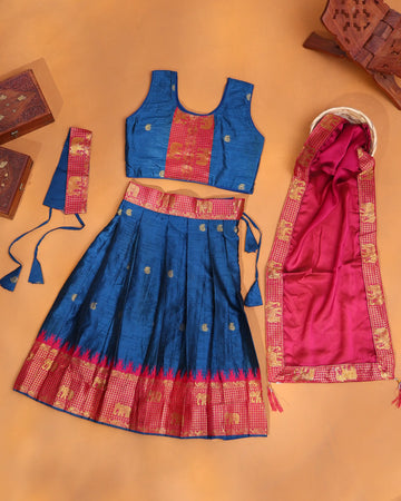 Girls' Royal Blue and Rani Pink Art Silk Pavadai Dhavani Set with Traditional Gold Zari Woven Elephant Motif Border