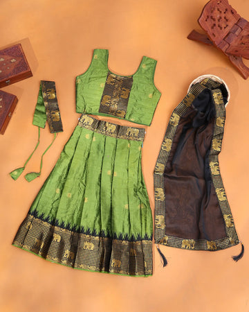 Girls' Lime Green and Black Art Silk Pavadai Dhavani Set with Traditional Gold Zari Elephant Motif Woven Border