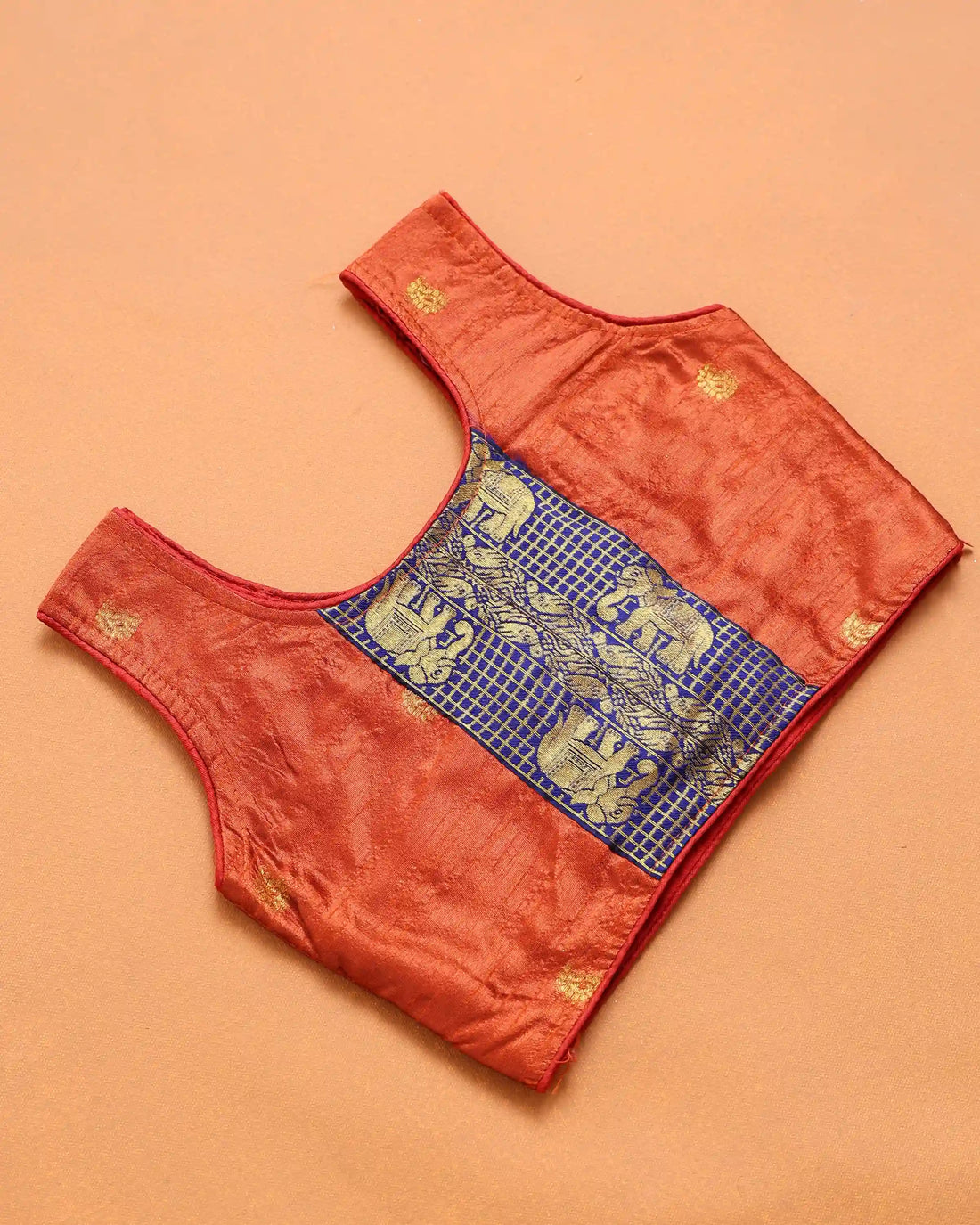 Rust Orange and Royal Blue Art Silk Pavadai Dhavani Set with Traditional Gold Zari Elephant Motif Woven Border