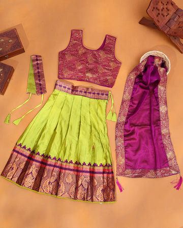 Girls' Lime Green and Magenta Purple Art Silk Pavadai Dhavani Set with Traditional Peacock Motif Gold Zari Woven Border