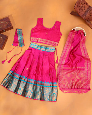 Rani Pink and Turquoise Blue Art Silk Pavadai Dhavani Set with Traditional Gold Zari Woven Peacock Border