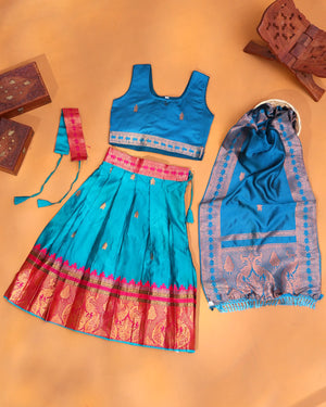 Turquoise Blue and Rani Pink Art Silk Pavadai Dhavani Set with Traditional Gold Zari Woven Peacock Border
