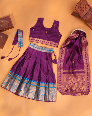 Royal Purple Art Silk Pavadai Dhavani Set with Turquoise Blue Contrast and Traditional Gold Zari Peacock Woven Border