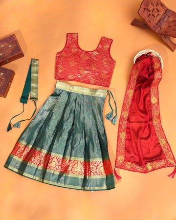 Girls' Emerald Green and Crimson Red Art Silk Pavadai Dhavani Set with Traditional Gold Zari Floral Brocade Border