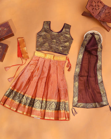 Girls' Copper Orange and Deep Brown Art Silk Pavadai Dhavani Set with Traditional Gold Zari Floral Brocade Border