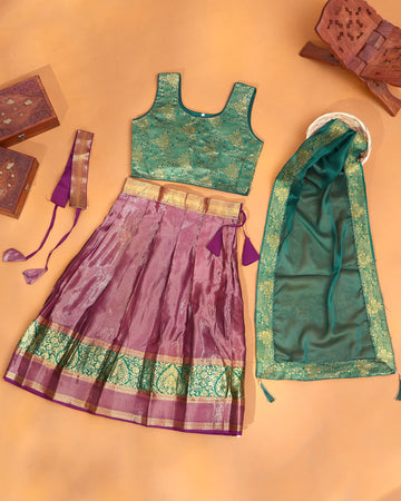 Girls' Dusty Mauve Pink and Emerald Green Art Silk Pavadai Dhavani Set with Traditional Gold Zari Floral Woven Border