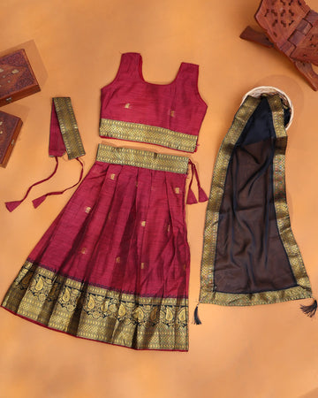 Girls' Deep Maroon and Black Art Silk Pavadai Dhavani Set with Traditional Gold Zari Paisley Woven Border