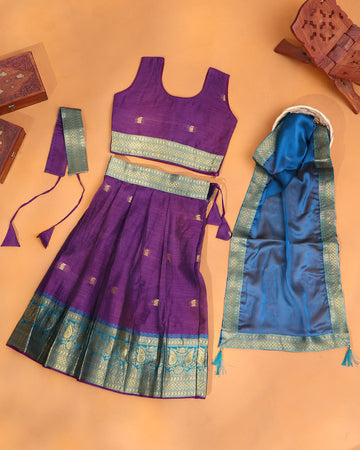 Girls' Royal Purple and Teal Blue Art Silk Pavadai Dhavani Set with Traditional Gold Zari Woven Paisley Border