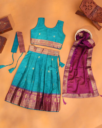 Girls' Turquoise Blue and Magenta Purple Art Silk Pavadai Dhavani Set with Traditional Gold Zari Paisley Woven Border