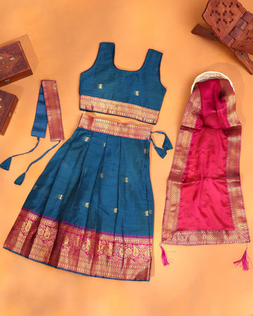 Girls' Teal Blue and Rani Pink Art Silk Pavadai Dhavani Set with Traditional Gold Zari Paisley Woven Border