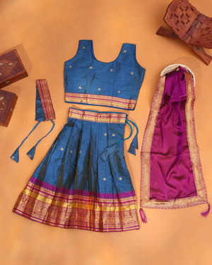 Royal Blue and Magenta Purple Art Silk Pavadai Dhavani Set with Traditional Gold Zari Woven Temple Border
