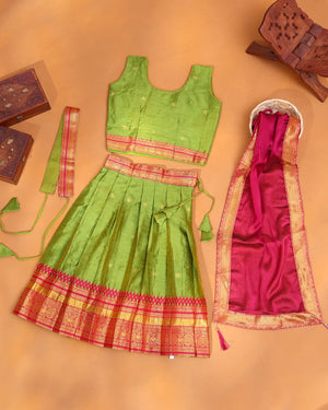 Lime Green and Rani Pink Art Silk Pavadai Dhavani Set with Traditional Gold Zari Woven Temple Border