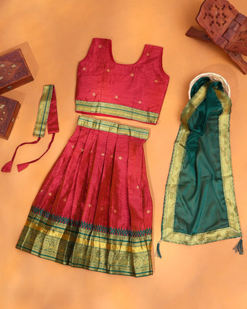 Ruby Red and Emerald Green Art Silk Pavadai Dhavani Set with Traditional Gold Zari Woven Border