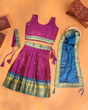 Magenta Purple and Teal Blue Art Silk Pavadai Dhavani Set with Traditional Gold Zari Woven Temple Border