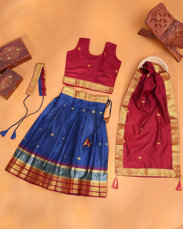 Girls' Royal Blue and Maroon Art Silk Pavadai Dhavani Set with Traditional Gold Zari Woven Border