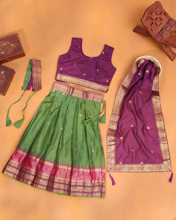 Girls' Green and Purple Art Silk Pavadai Dhavani Set with Traditional Gold Zari Woven Border