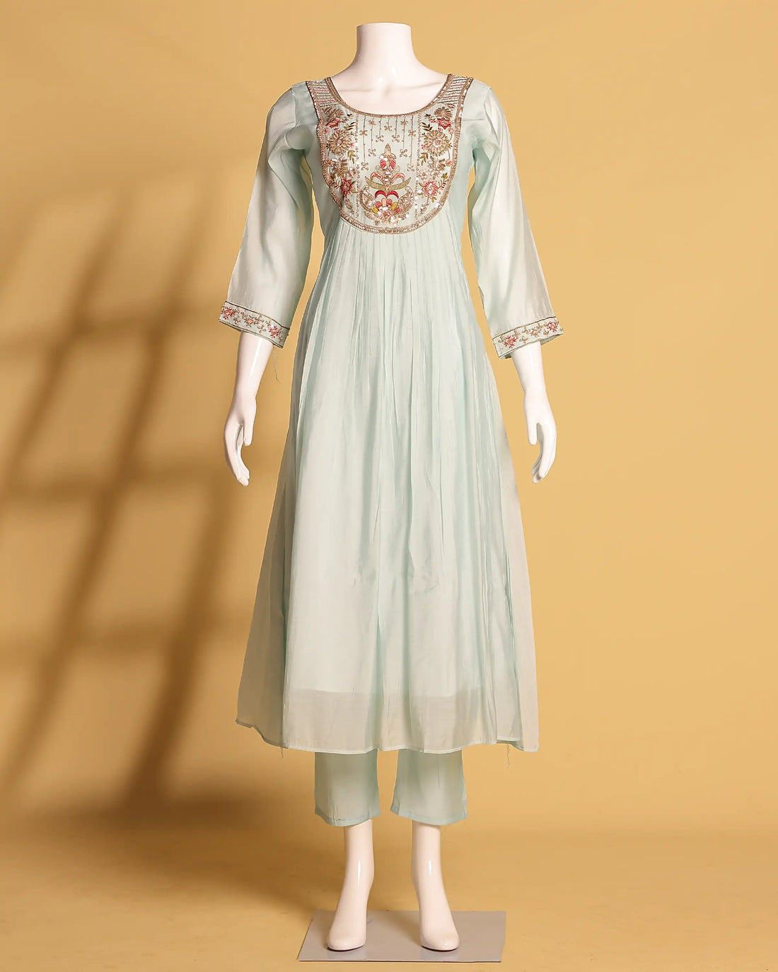 Women's Floral Embroidered Anarkali Kurta Set with Straight Pants and Matching Dupatta - Mint Green