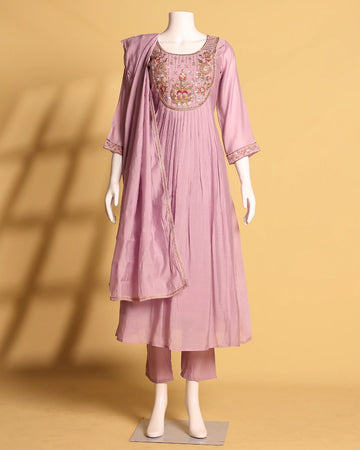 Women's Floral Embroidered Anarkali Kurta Set with Straight Pants and Matching Dupatta - Lavender