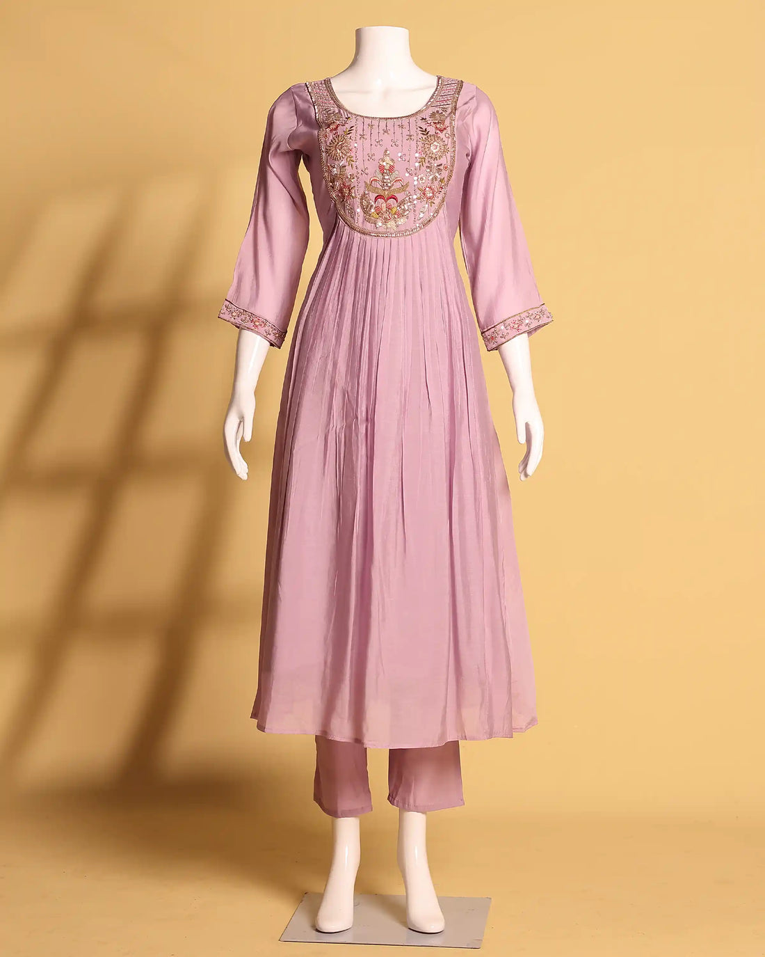 Women's Floral Embroidered Anarkali Kurta Set with Straight Pants and Matching Dupatta - Lavender