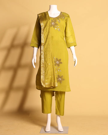 Women's Floral Embroidered Kurta Set with Matching Pants and Zari Woven Dupatta - Mustard Green