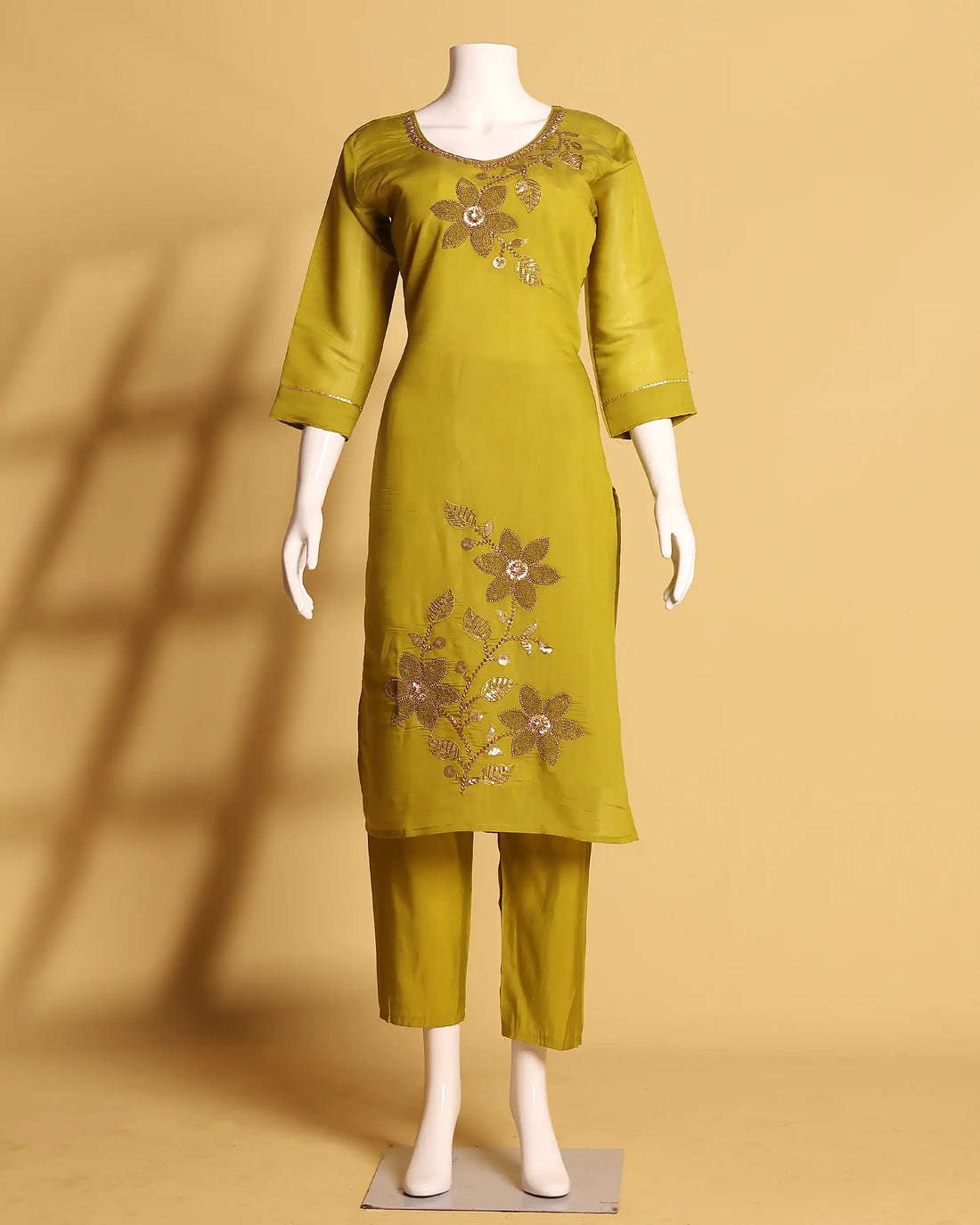Women's Floral Embroidered Kurta Set with Matching Pants and Zari Woven Dupatta - Mustard Green