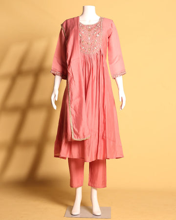 Women's Floral Embroidered Anarkali Kurta Set with Pant and Matching Dupatta - Coral Pink