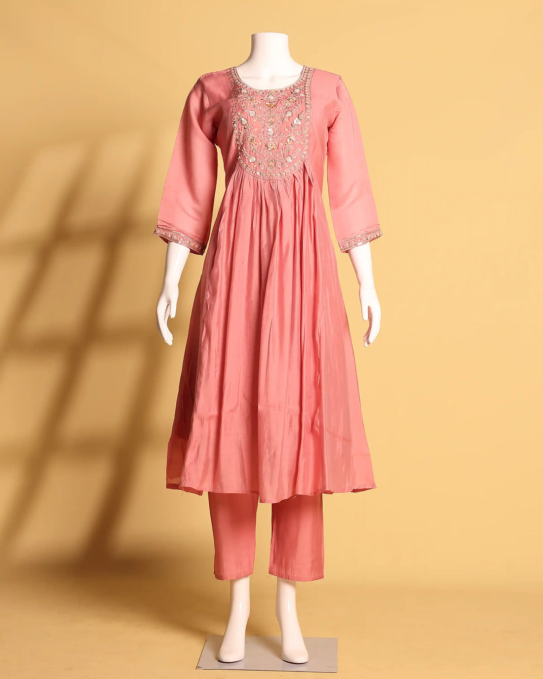 Women's Floral Embroidered Anarkali Kurta Set with Pant and Matching Dupatta - Coral Pink