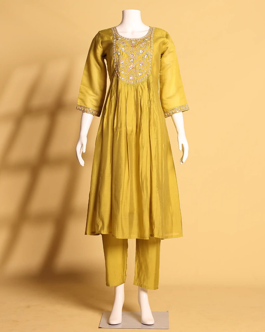 Women's Floral Embroidered Anarkali Kurta Set with Pant and Matching Dupatta - Mustard Green