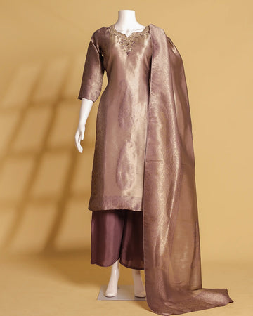Women's Paisley Design Brocade Straight Salwar Suit Set with Dupatta - Purple