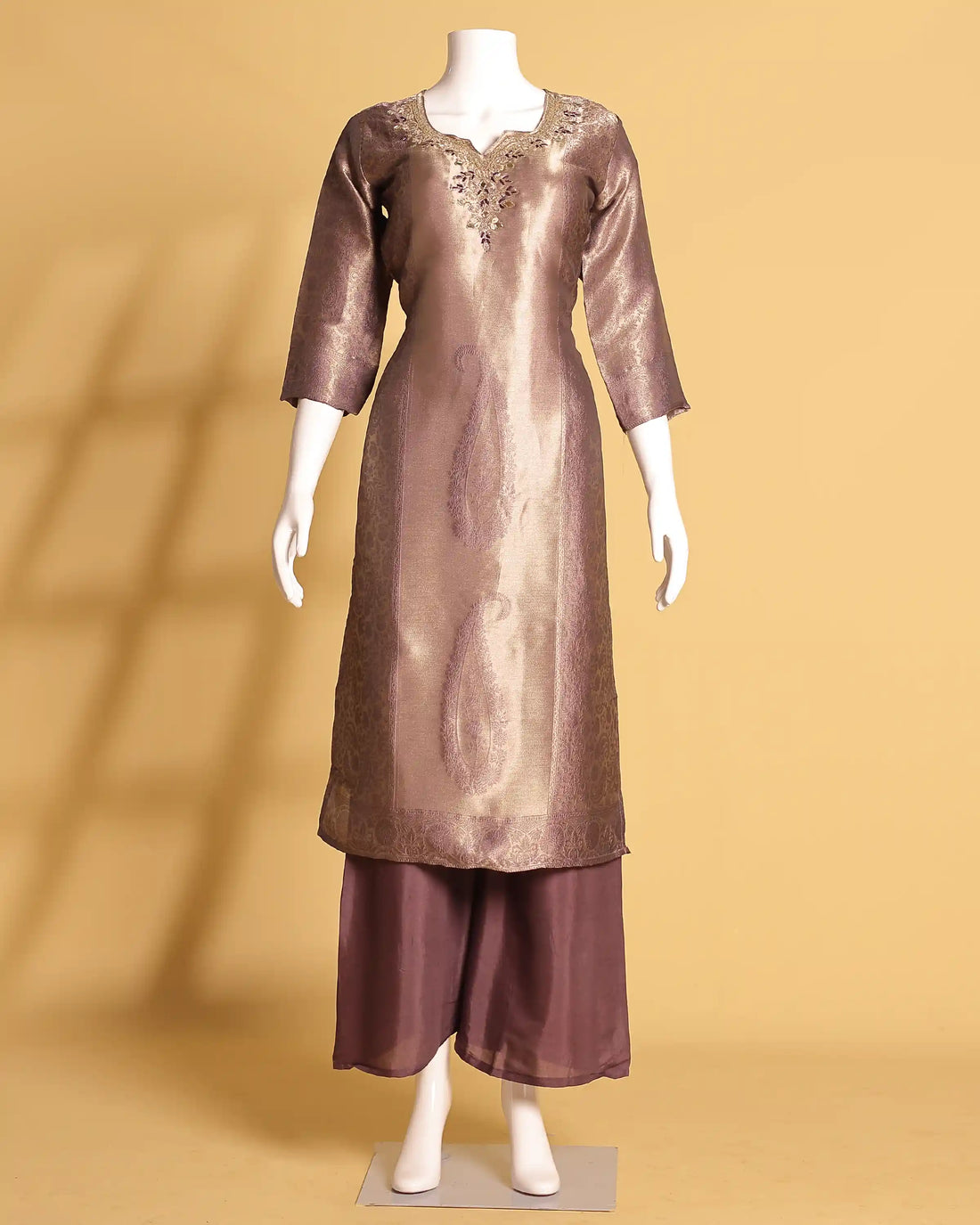 Women's Paisley Design Brocade Straight Salwar Suit Set with Dupatta - Purple