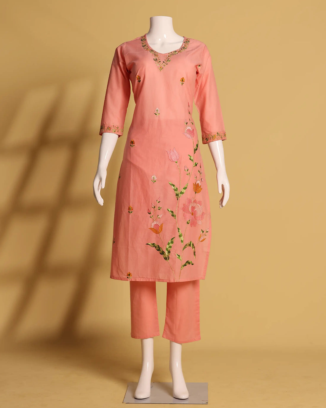 Women's Peach Floral Embroidered Straight Kurta Set with Matching Pants and Delicate Embroidered Dupatta