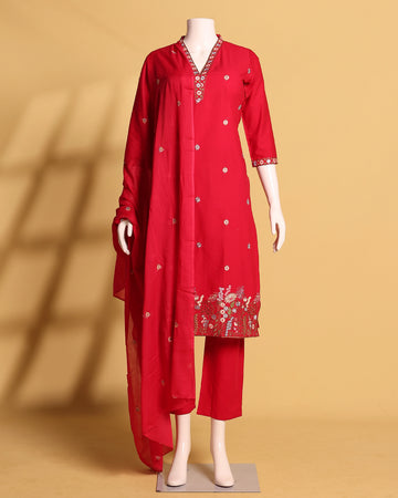 Women's Bright Floral Embroidered Straight Kurta Set with Matching Pants and Dupatta - Red