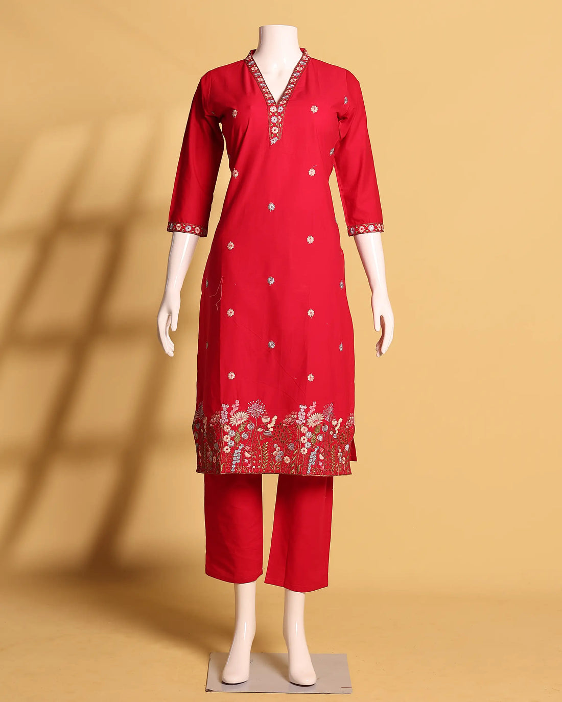 Women's Bright Floral Embroidered Straight Kurta Set with Matching Pants and Dupatta - Red