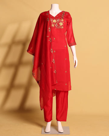 Women's Floral Embroidered Straight Kurta Set with Pants and Dupatta - Red