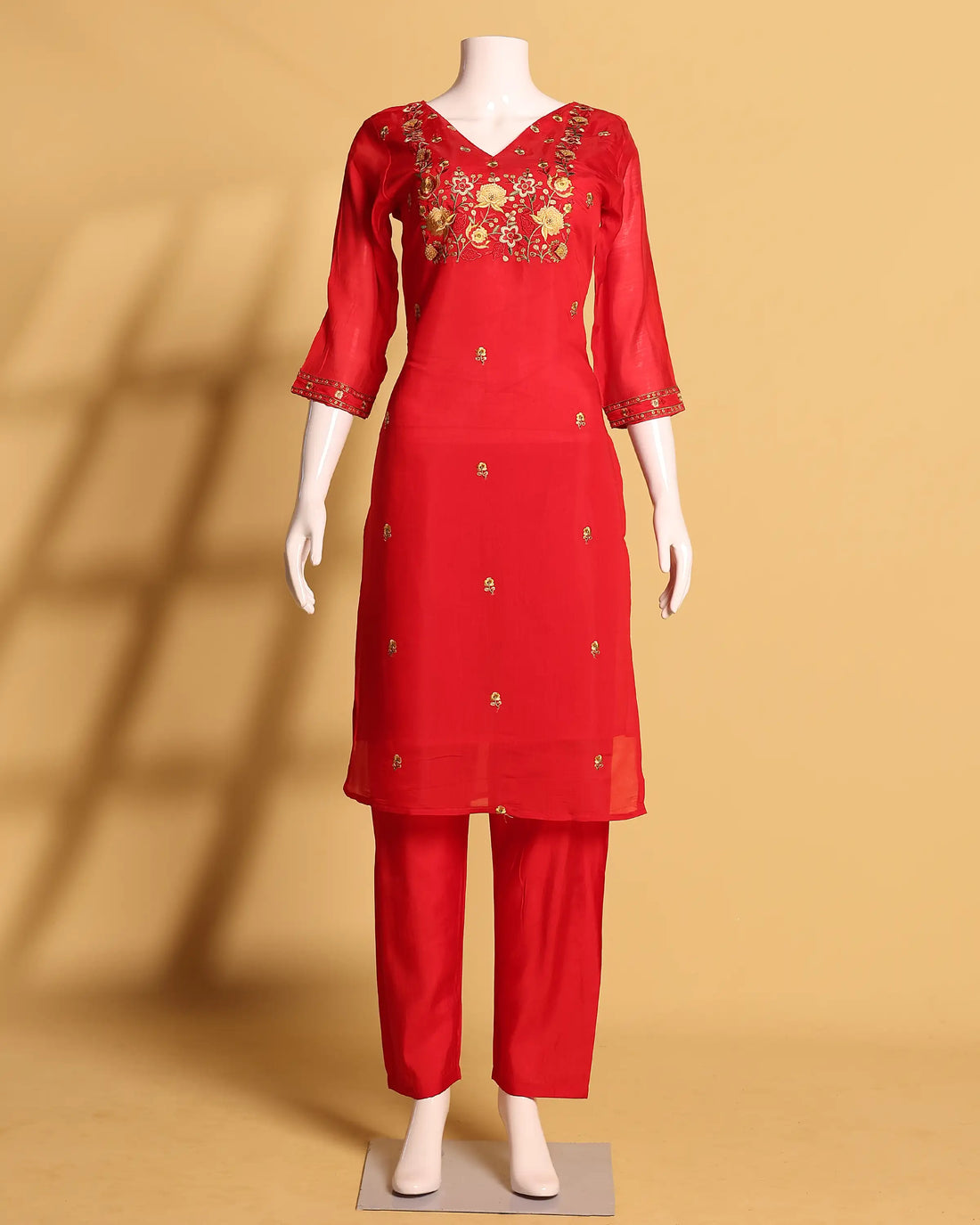 Women's Floral Embroidered Straight Kurta Set with Pants and Dupatta - Red