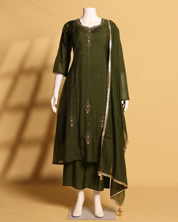 Women's Embroidered Straight Kurta Set with Palazzo Pants and Gold Border Dupatta - Olive