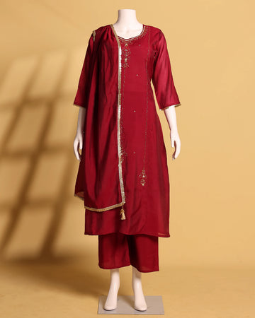Women's Embroidered Straight Kurta Set with Palazzo Pants and Gold Border Dupatta - Maroon