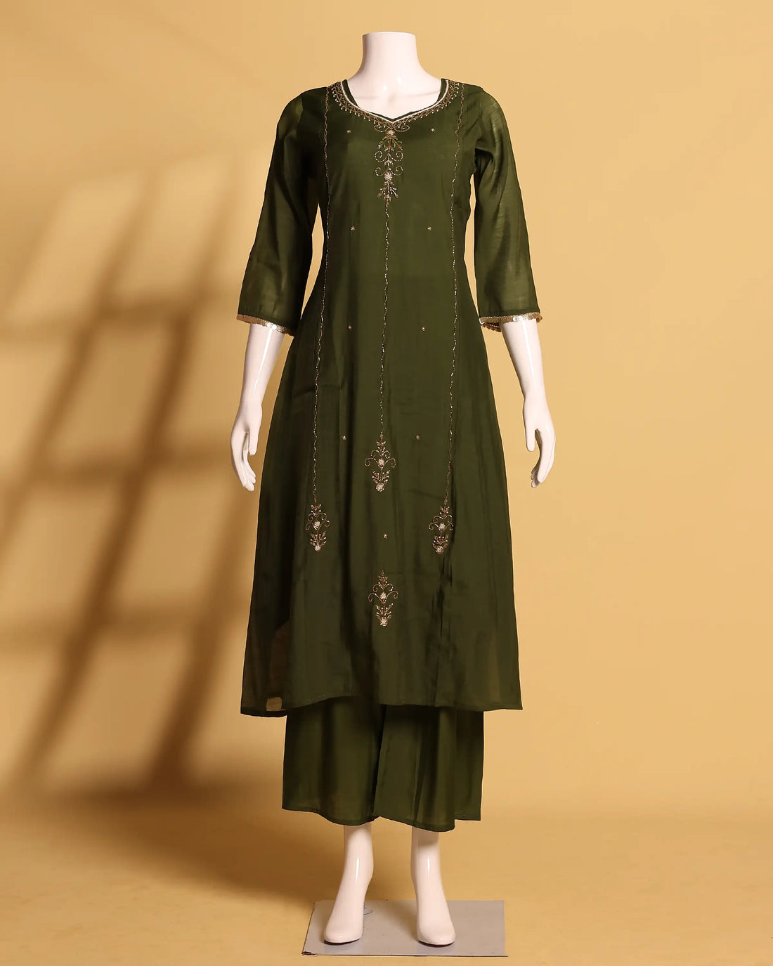 Women's Embroidered Straight Kurta Set with Palazzo Pants and Gold Border Dupatta - Olive